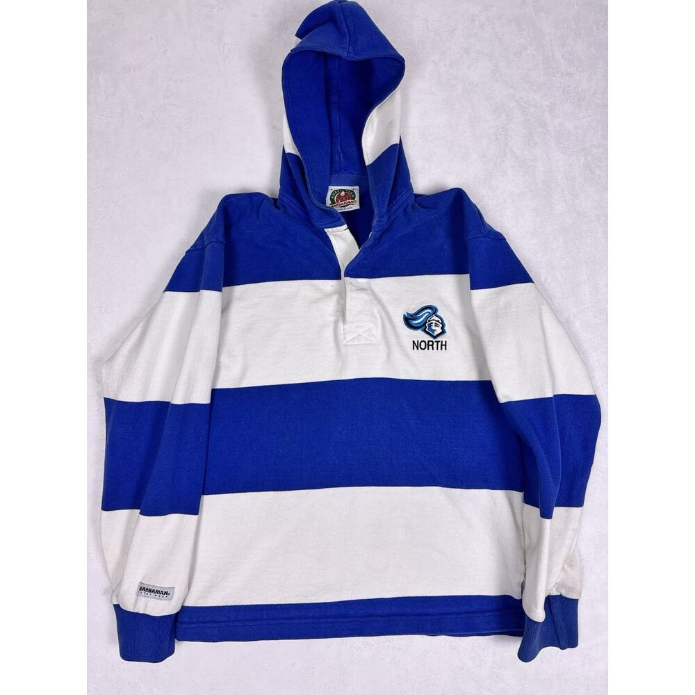 Vintage Barbarian Rugby Hooded Shirt Small Y2K Jersey Striped 90s North